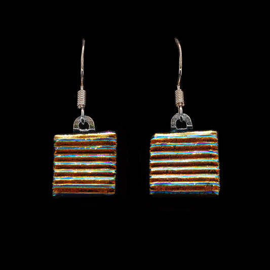 Gold striped dichroic glass drop earrings from the Astra Collection, square cut and handmade with shimmering layered texture.