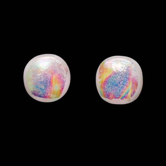 Pearlescent June birthstone stud earrings made from dichroic glass with rainbow shimmer. Handmade in London by Madiha Zaidi.