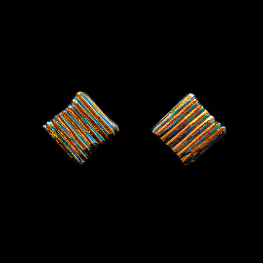 Handmade square stud earrings with shimmering gold and silver horizontal stripes, crafted from dichroic glass – Astra Collection by Invoke London.