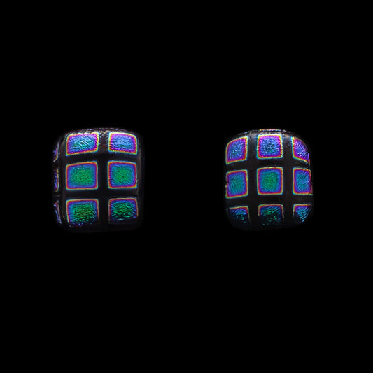 A pair of stud earrings with a blue square pattern