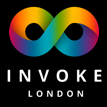 Invoke London logo featuring a vibrant, colour-shifting infinity symbol above bold white text on a black background.