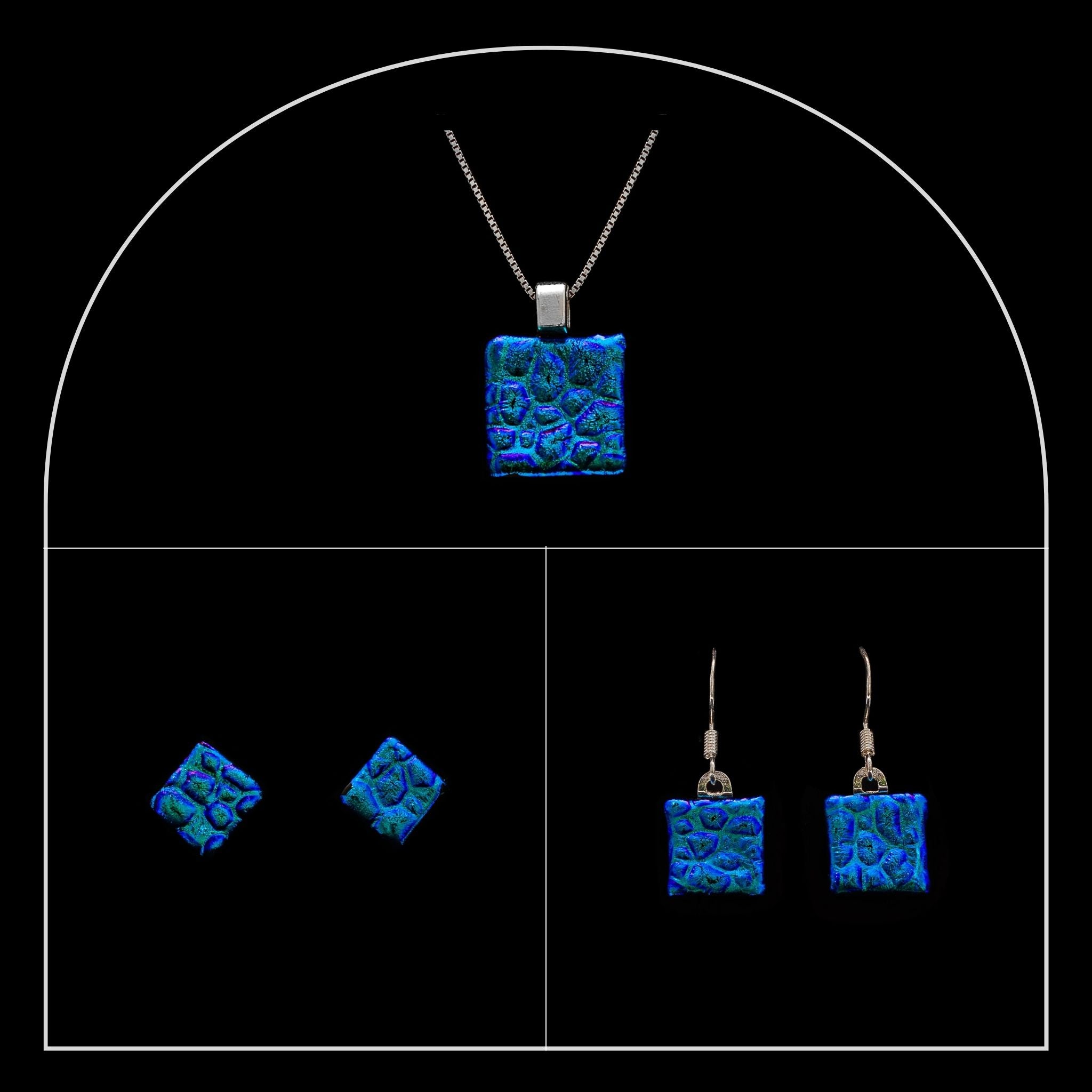Blue crinkle dichroic glass necklace, stud earrings, and drop earrings from the Astra collection by Invoke London.