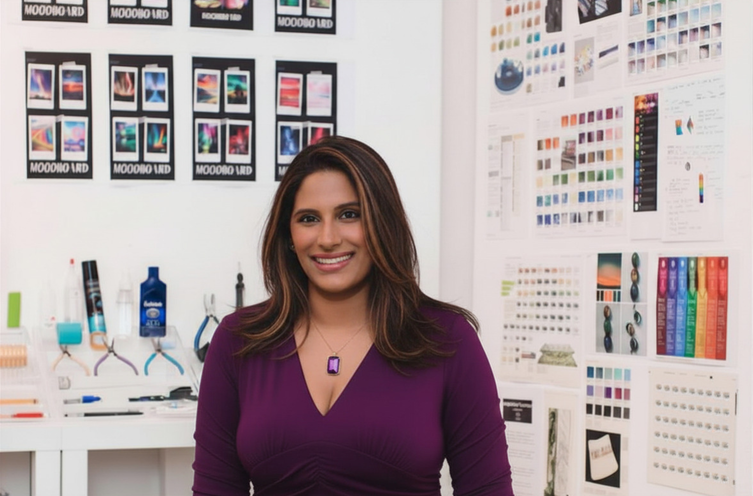Woman in a plum dress standing in front of a wall with design materials and colour swatches.