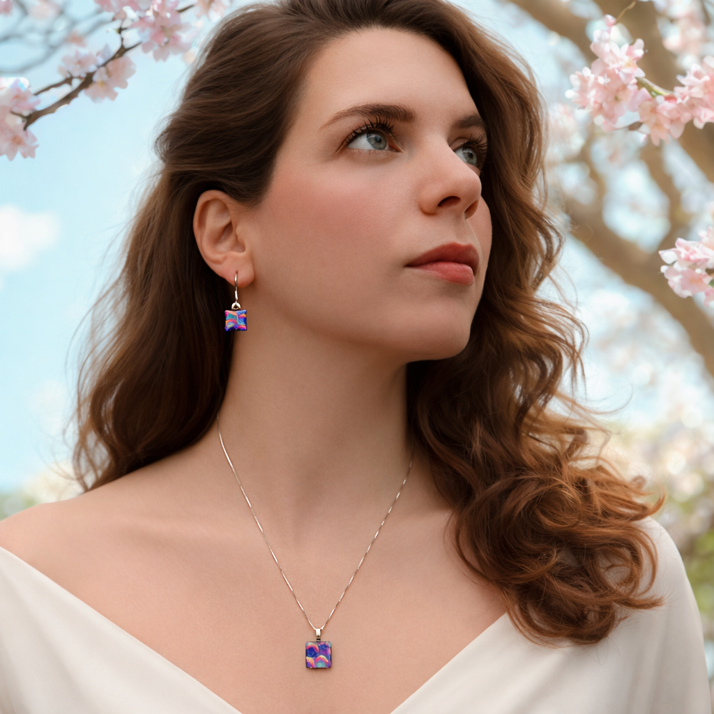 Woman wearing a pink and blue colourful pendant and matching drop earrings against a cherry blossom background