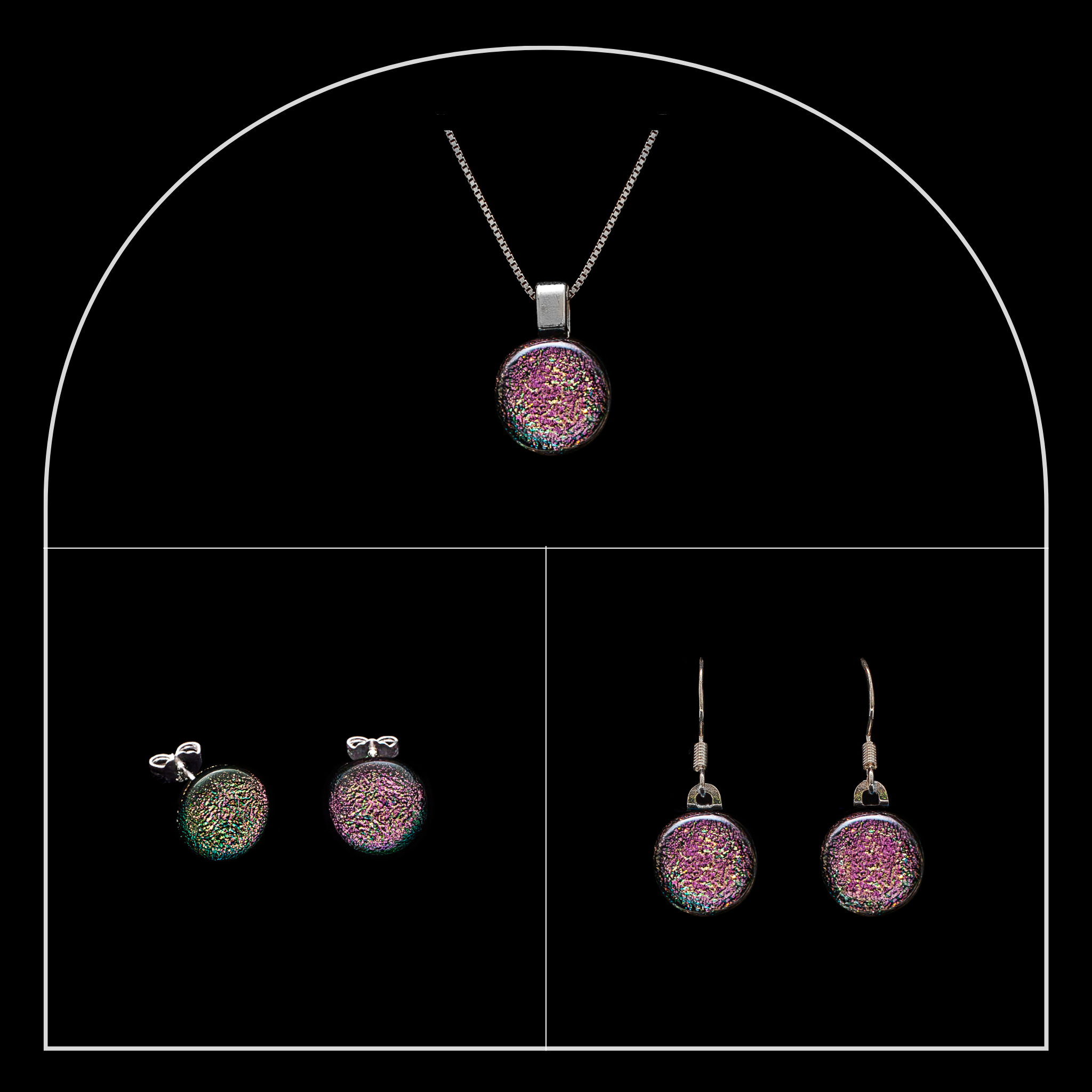 Pink round dichroic glass jewellery set from the Luna collection by Invoke London, with pendant, stud, and drop earrings.